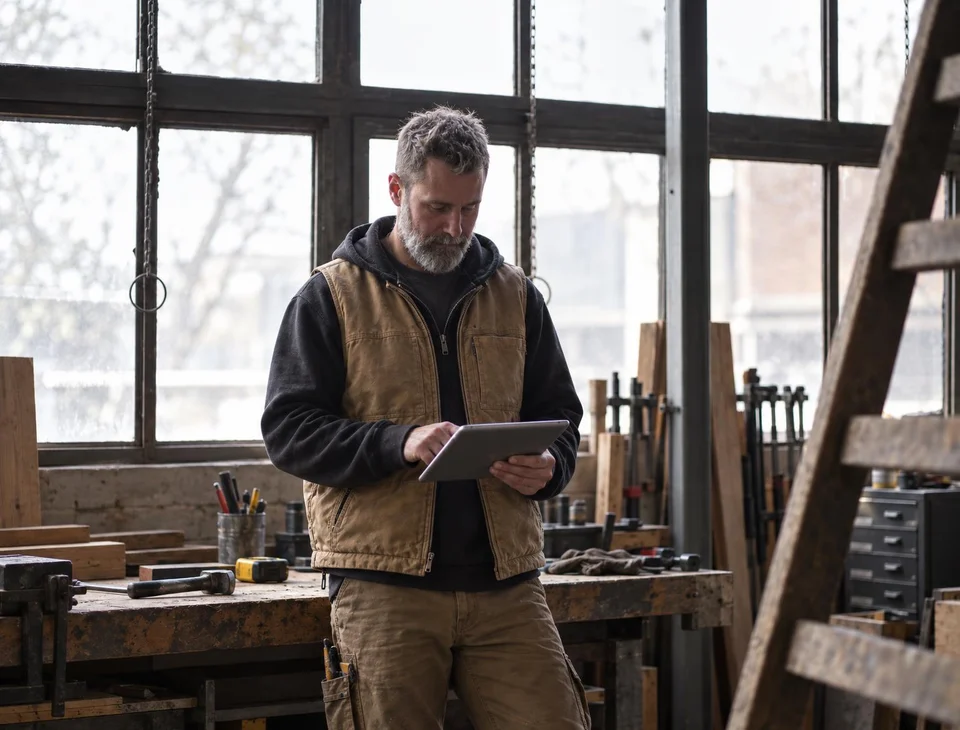 Contractor checking the day's jobs on a tablet in his workshop before heading out