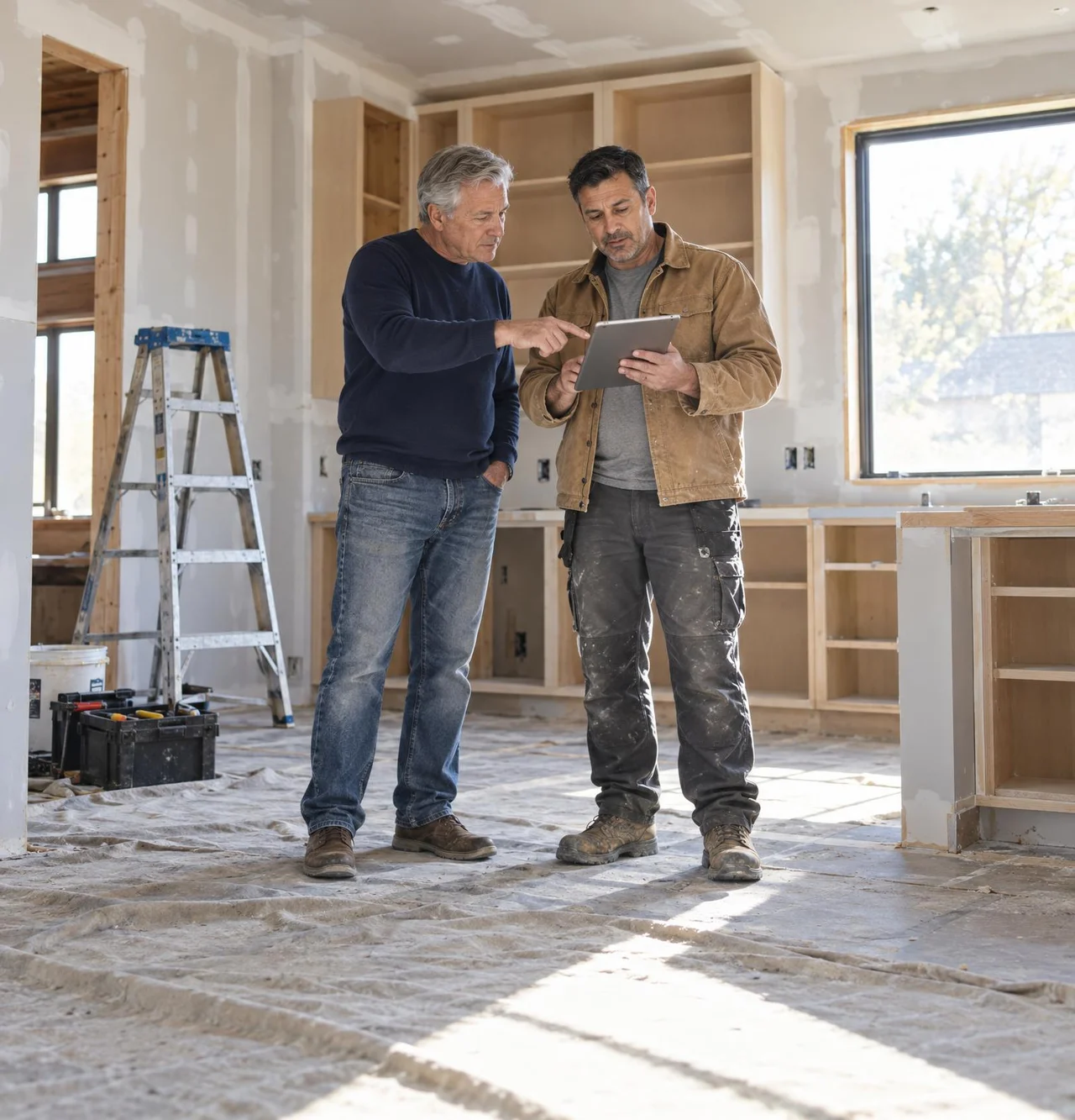 Contractor going over an estimate on a tablet with a homeowner in a kitchen being remodeled